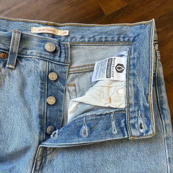 LEVIS Wedgie Straight Jeans Blue Denim Frayed Crop High Rise Grunge - Picture 7 of 14